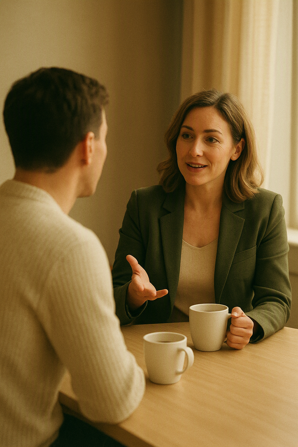 Curador em conversa de feedback após uma visita